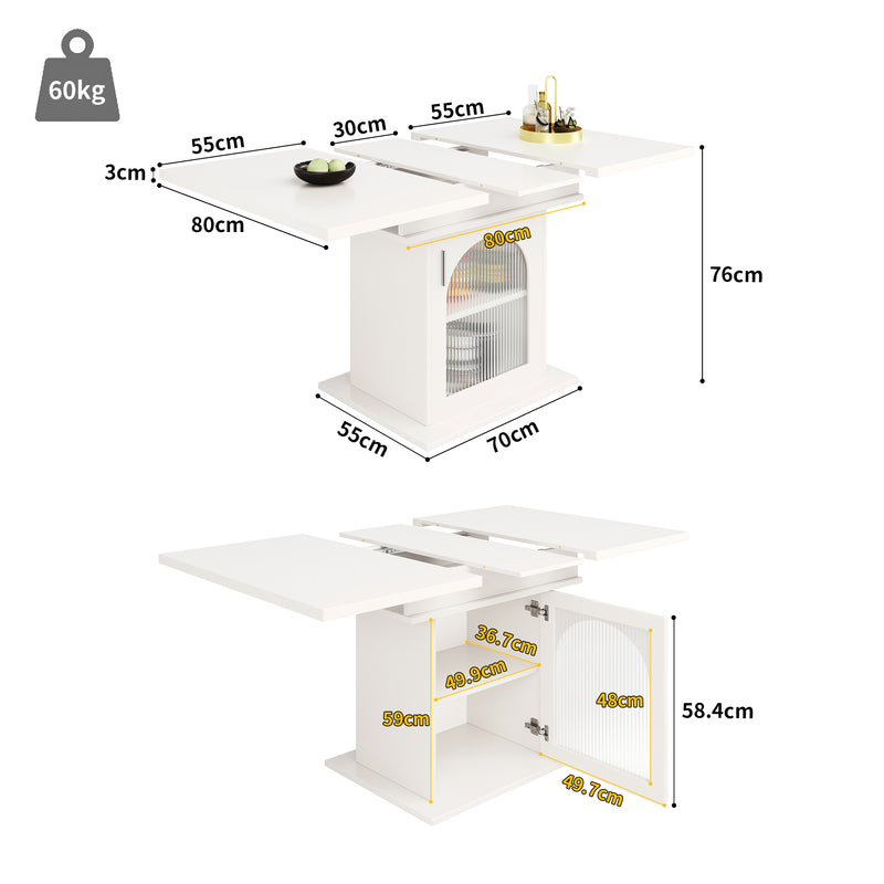 Table de salle à manger extensible blanche avec espace de rangement et verre 110-140*70cm  CHOCAS WHITE