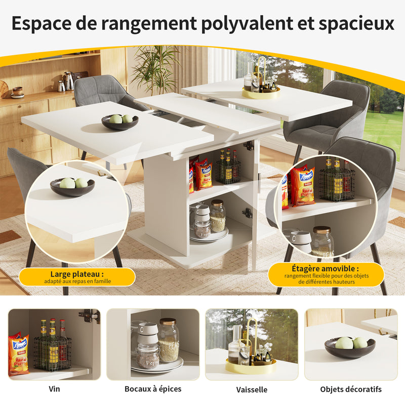 Table de salle à manger extensible blanche avec espace de rangement et verre 110-140*70cm  CHOCAS WHITE