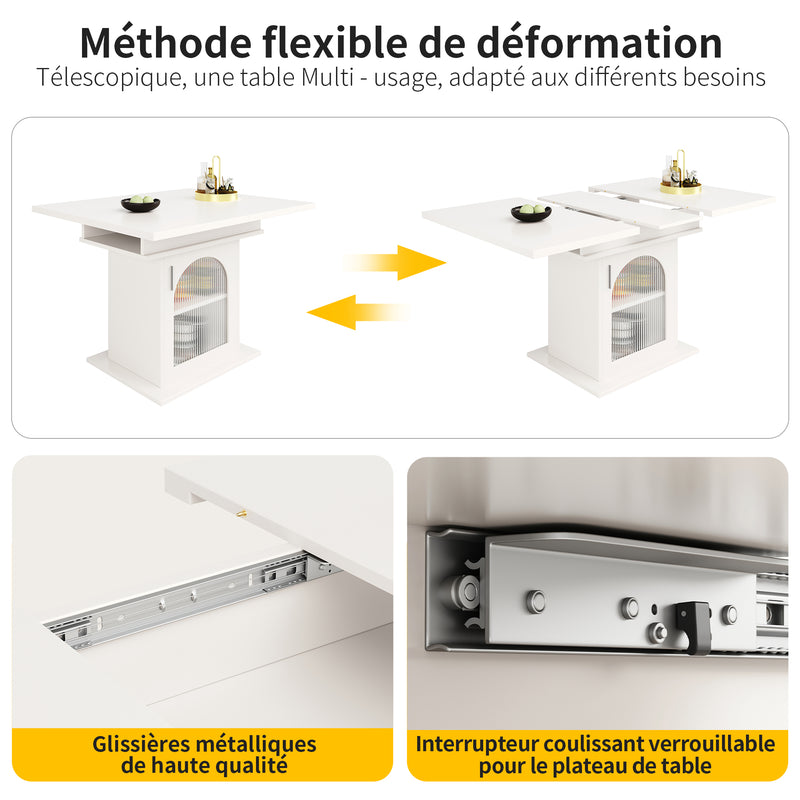 Table de salle à manger extensible blanche avec espace de rangement et verre 110-140*70cm  CHOCAS WHITE