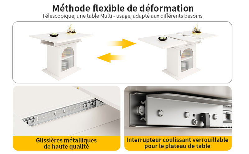 Table de salle à manger extensible blanche avec espace de rangement et verre 110-140*70cm  CHOCAS WHITE