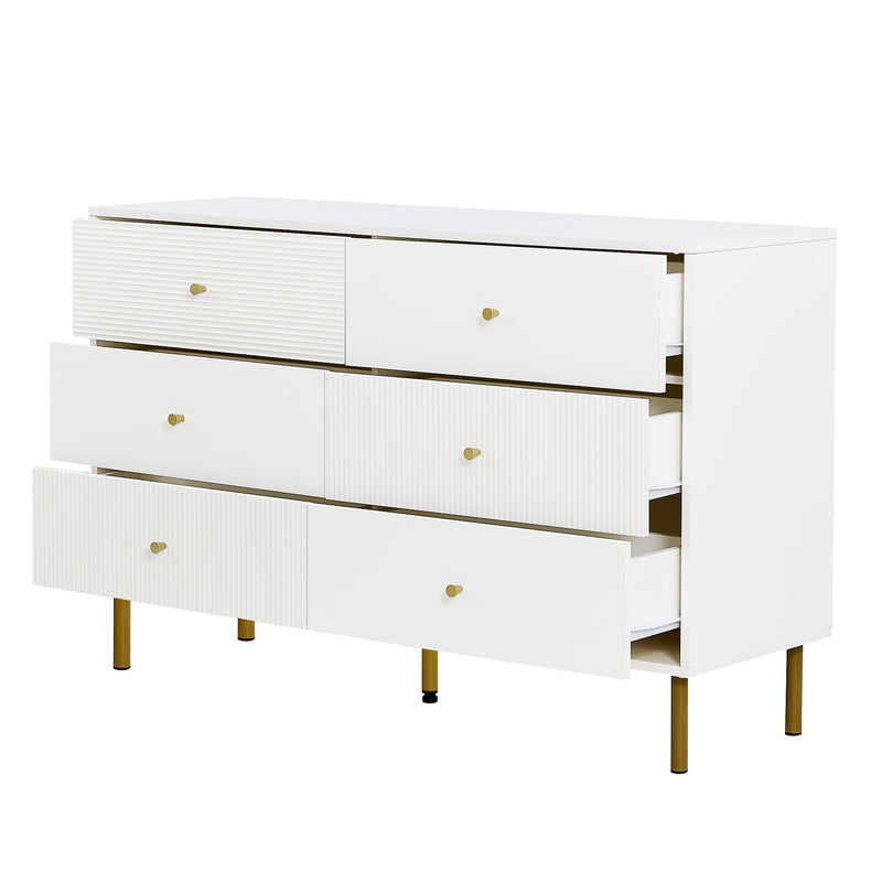 Buffet modern blanc à 6 tiroirs avec façades texturées et poignées dorées CHROMAFLASH