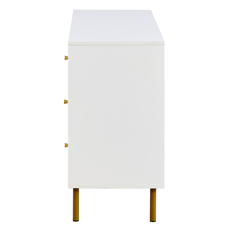 Buffet modern blanc à 6 tiroirs avec façades texturées et poignées dorées CHROMAFLASH