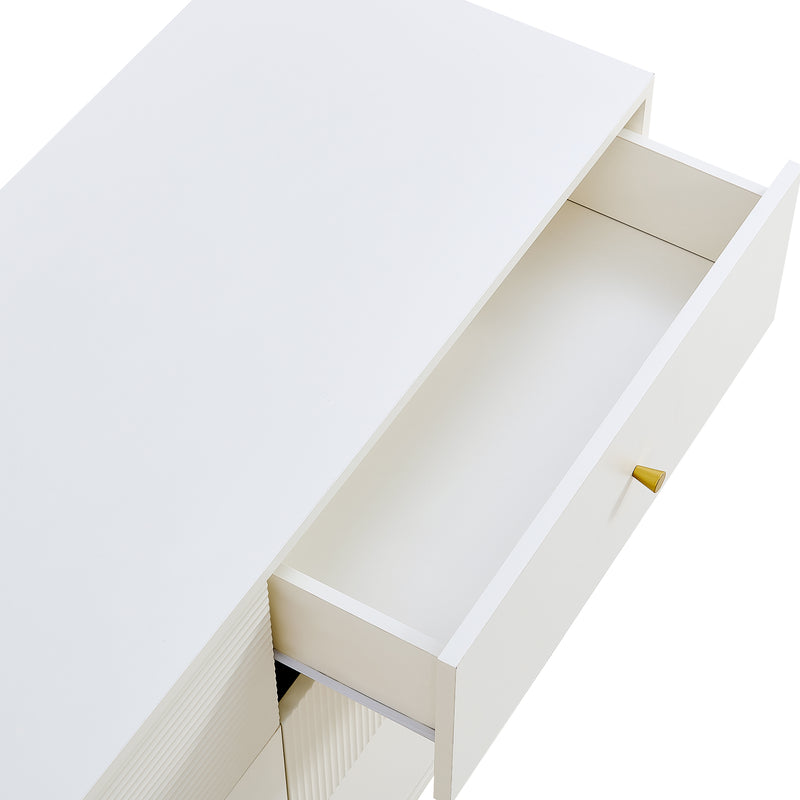 Buffet modern blanc à 6 tiroirs avec façades texturées et poignées dorées CHROMAFLASH