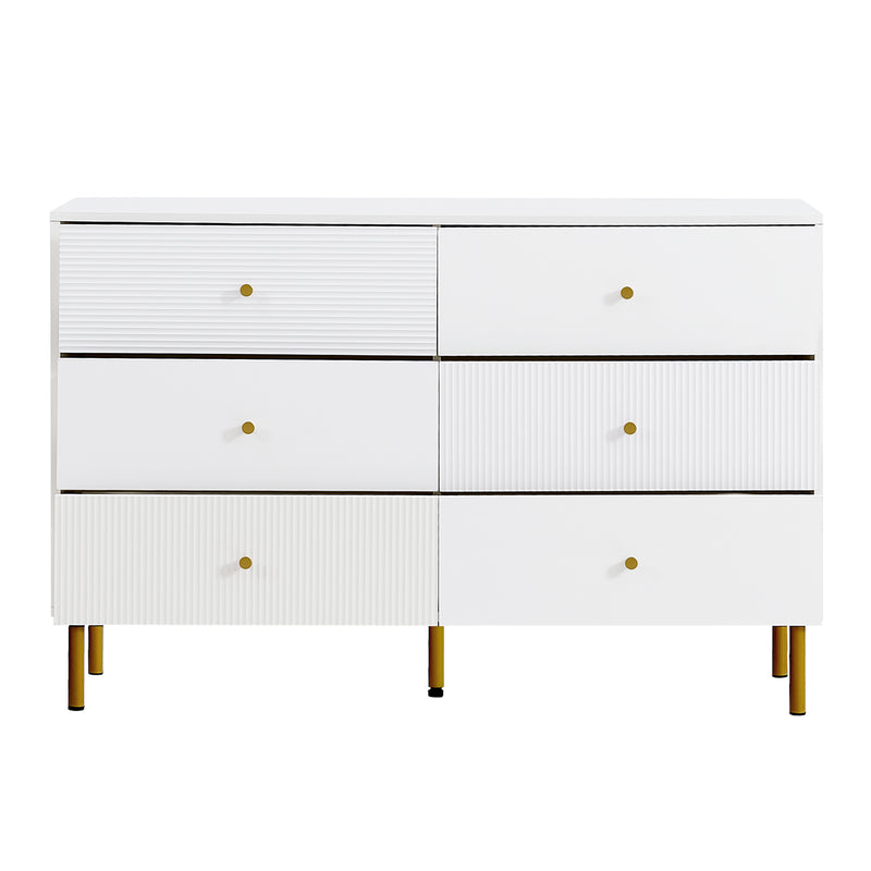 Buffet modern blanc à 6 tiroirs avec façades texturées et poignées dorées CHROMAFLASH