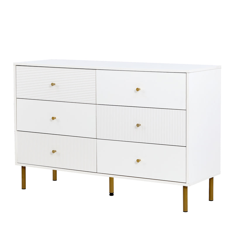 Buffet modern blanc à 6 tiroirs avec façades texturées et poignées dorées CHROMAFLASH