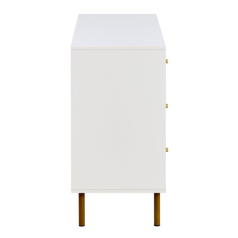 Buffet modern blanc à 6 tiroirs avec façades texturées et poignées dorées CHROMAFLASH