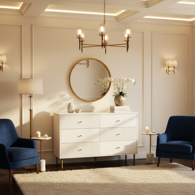 Buffet modern blanc à 6 tiroirs avec façades texturées et poignées dorées CHROMAFLASH