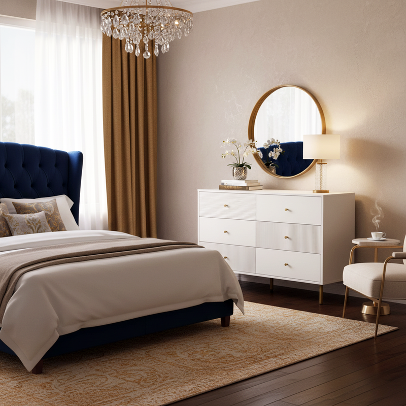 Buffet modern blanc à 6 tiroirs avec façades texturées et poignées dorées CHROMAFLASH