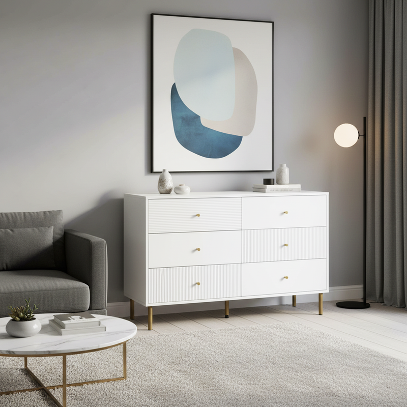 Buffet modern blanc à 6 tiroirs avec façades texturées et poignées dorées CHROMAFLASH