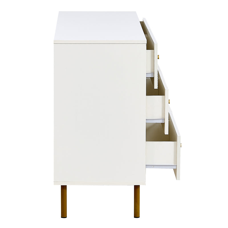 Buffet modern blanc à 6 tiroirs avec façades texturées et poignées dorées CHROMAFLASH