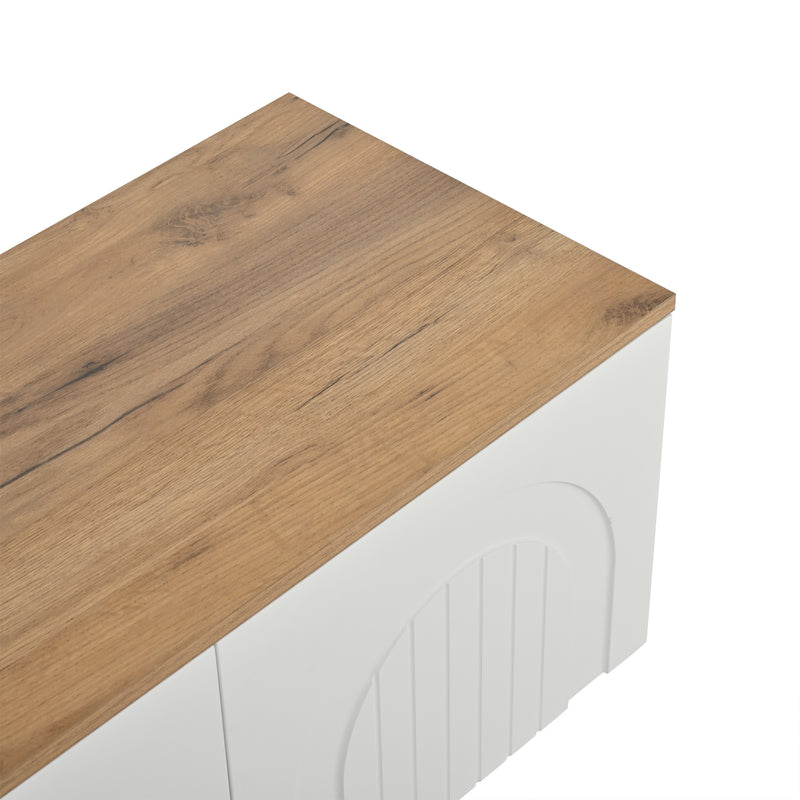 Meuble TV blanc et effet chêne 4 portes avec motifs incurvés, pieds boules CIRCULAR