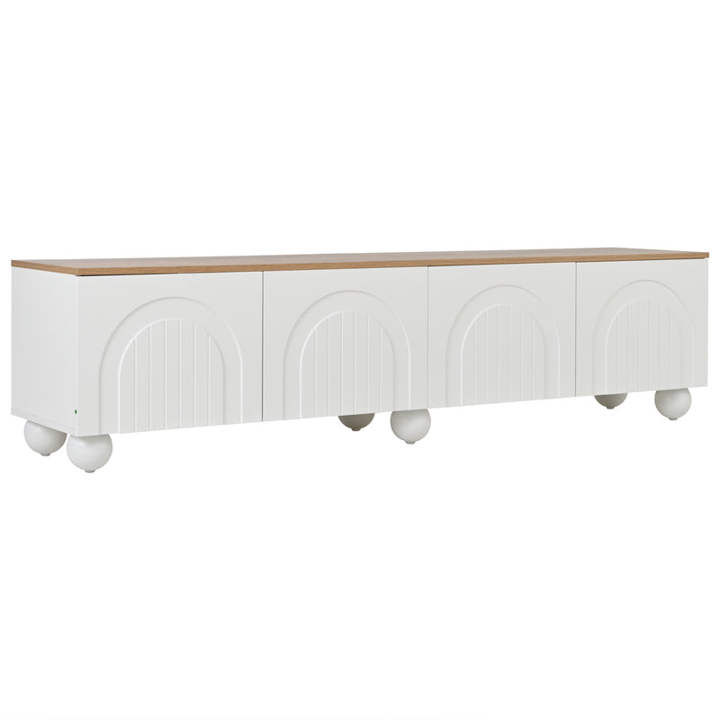 Meuble TV blanc et effet chêne 4 portes avec motifs incurvés, pieds boules CIRCULAR