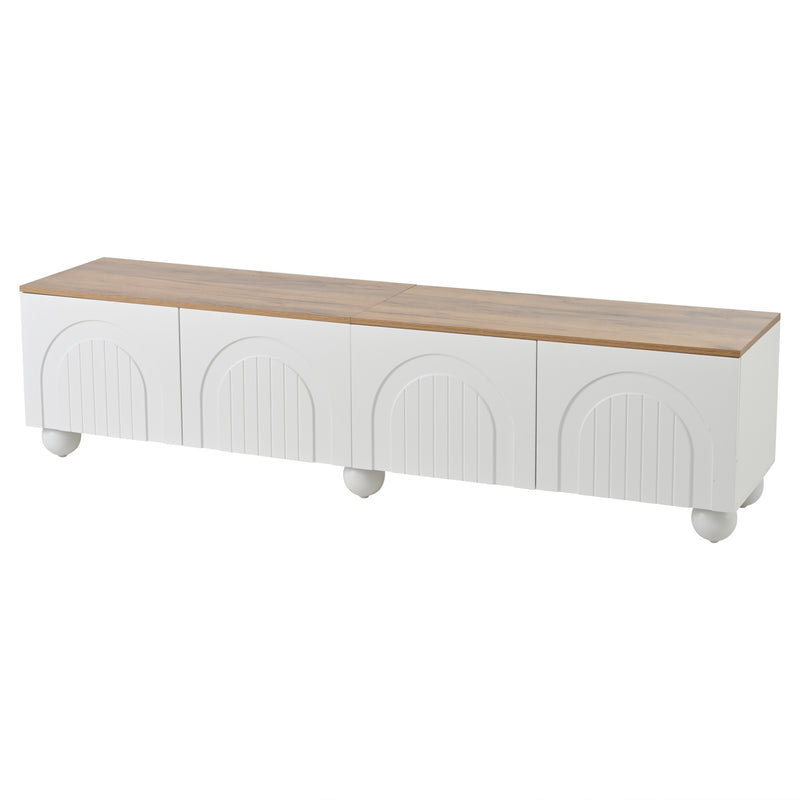 Meuble TV blanc et effet chêne 4 portes avec motifs incurvés, pieds boules CIRCULAR