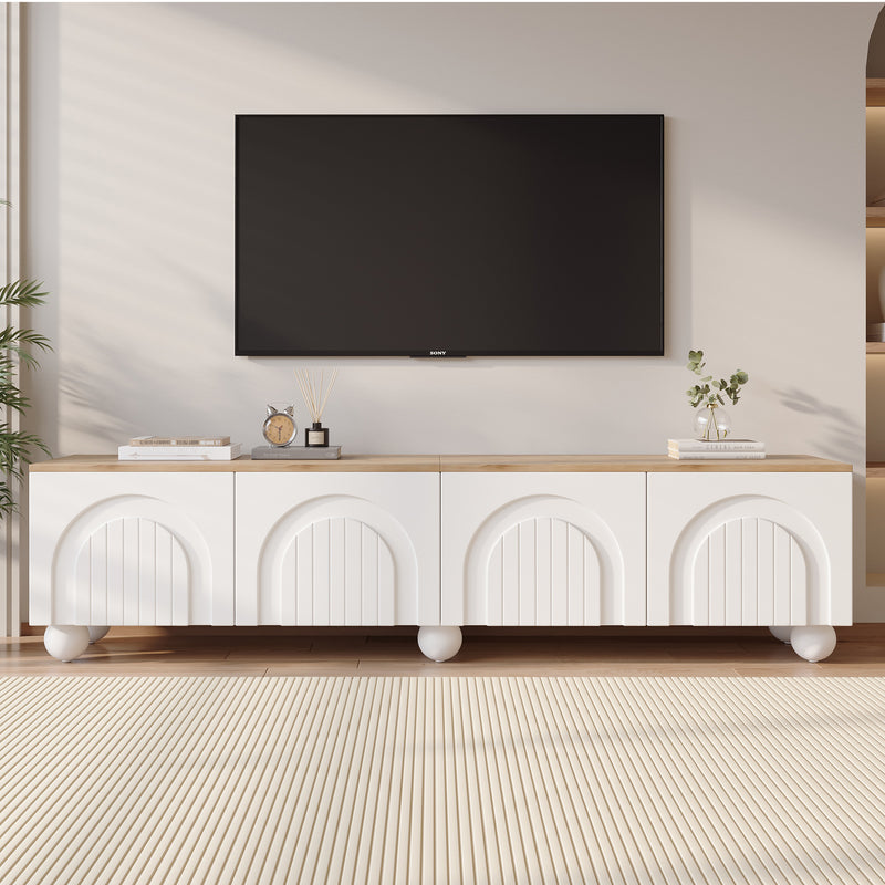 Meuble TV blanc et effet chêne 4 portes avec motifs incurvés, pieds boules CIRCULAR
