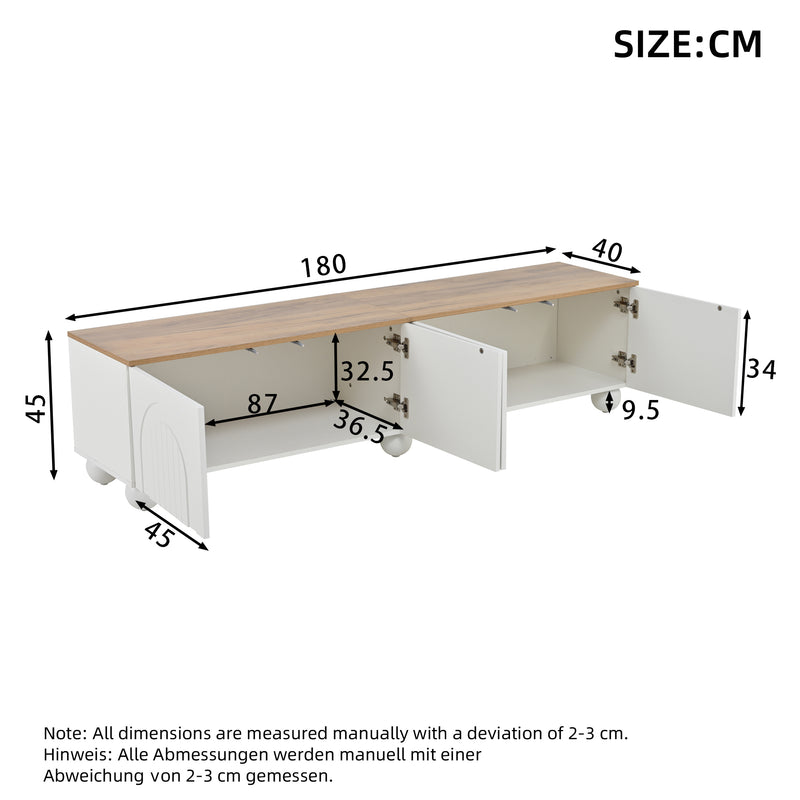 Meuble TV blanc et effet chêne 4 portes avec motifs incurvés, pieds boules CIRCULAR