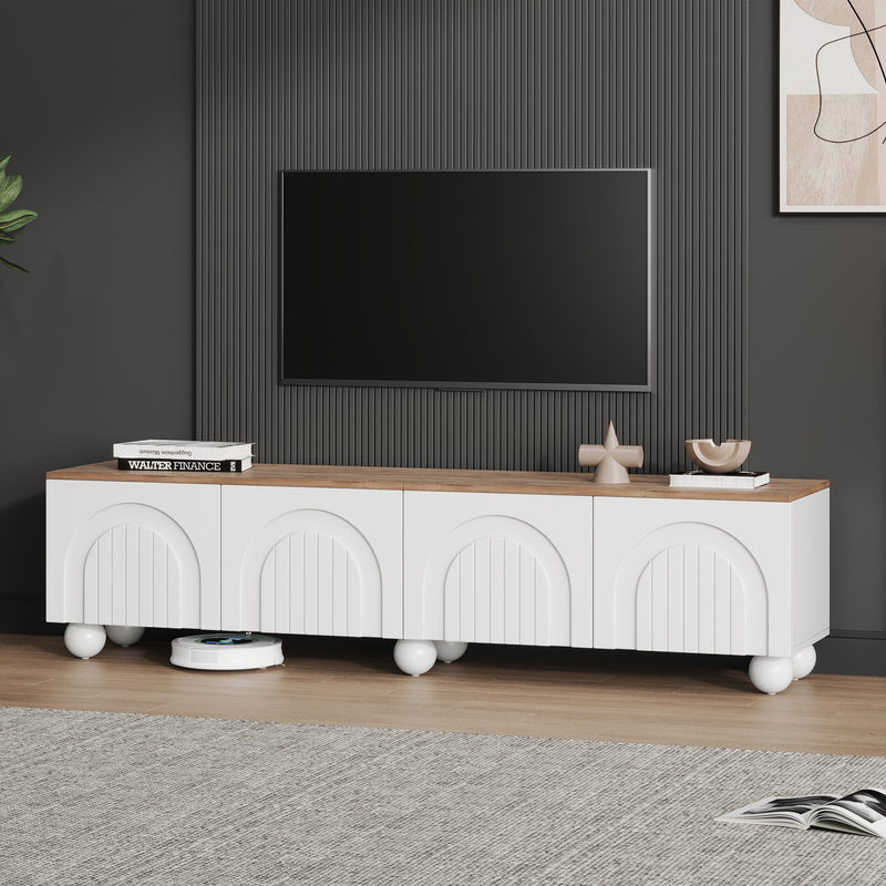 Meuble TV blanc et effet chêne 4 portes avec motifs incurvés, pieds boules CIRCULAR