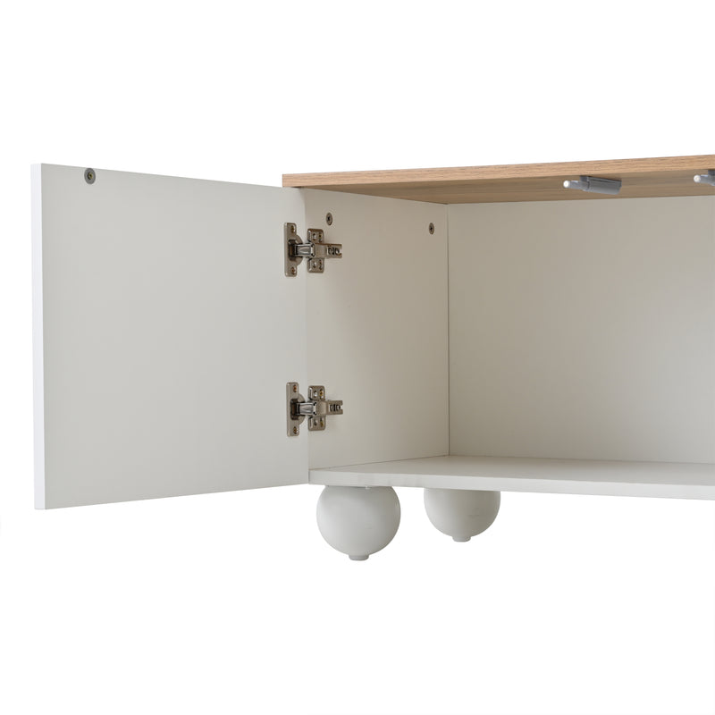 Meuble TV blanc et effet chêne 4 portes avec motifs incurvés, pieds boules CIRCULAR