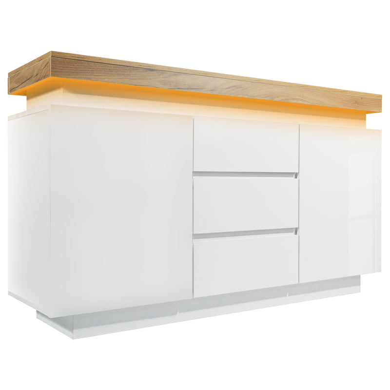 Buffet moderne blanc brillant avec éclairage LED réglable, 2 portes et 3 tiroirs COENOSTEUM