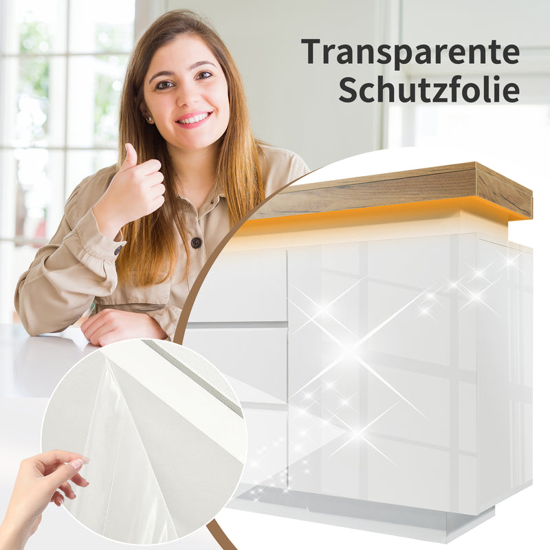 Buffet moderne blanc brillant avec éclairage LED réglable, 2 portes et 3 tiroirs COENOSTEUM