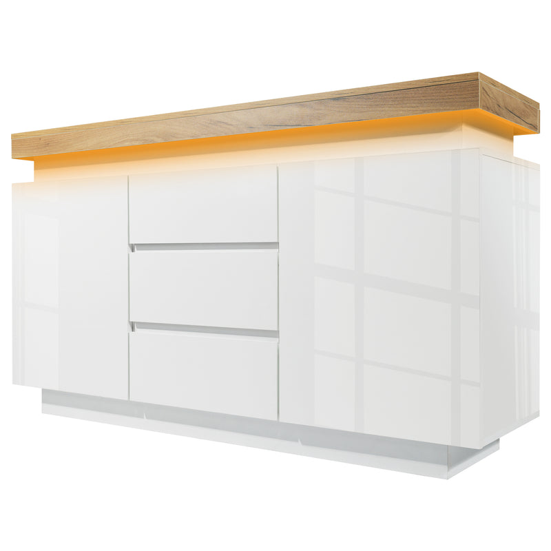 Buffet moderne blanc brillant avec éclairage LED réglable, 2 portes et 3 tiroirs COENOSTEUM