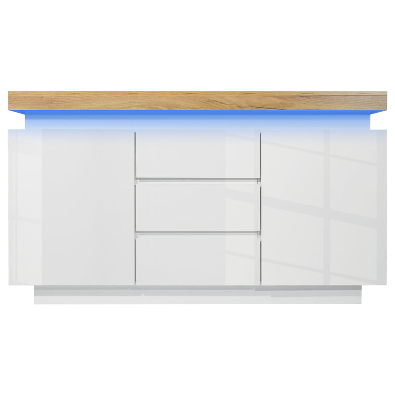 Buffet moderne blanc brillant avec éclairage LED réglable, 2 portes et 3 tiroirs COENOSTEUM