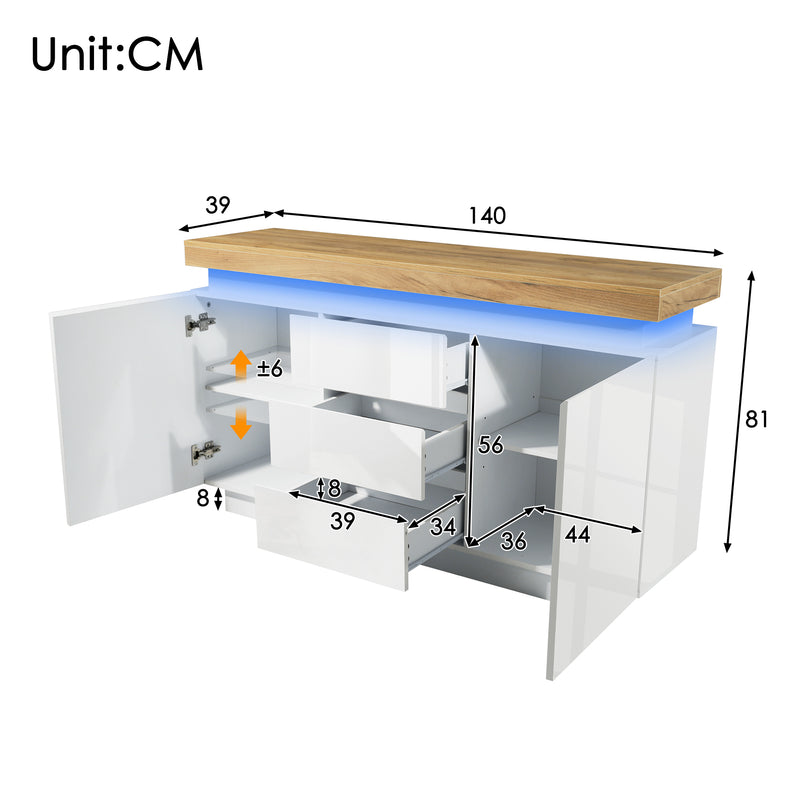 Buffet moderne blanc brillant avec éclairage LED réglable, 2 portes et 3 tiroirs COENOSTEUM