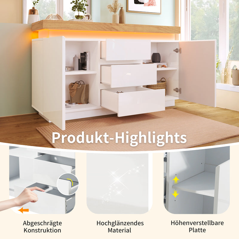 Buffet moderne blanc brillant avec éclairage LED réglable, 2 portes et 3 tiroirs COENOSTEUM