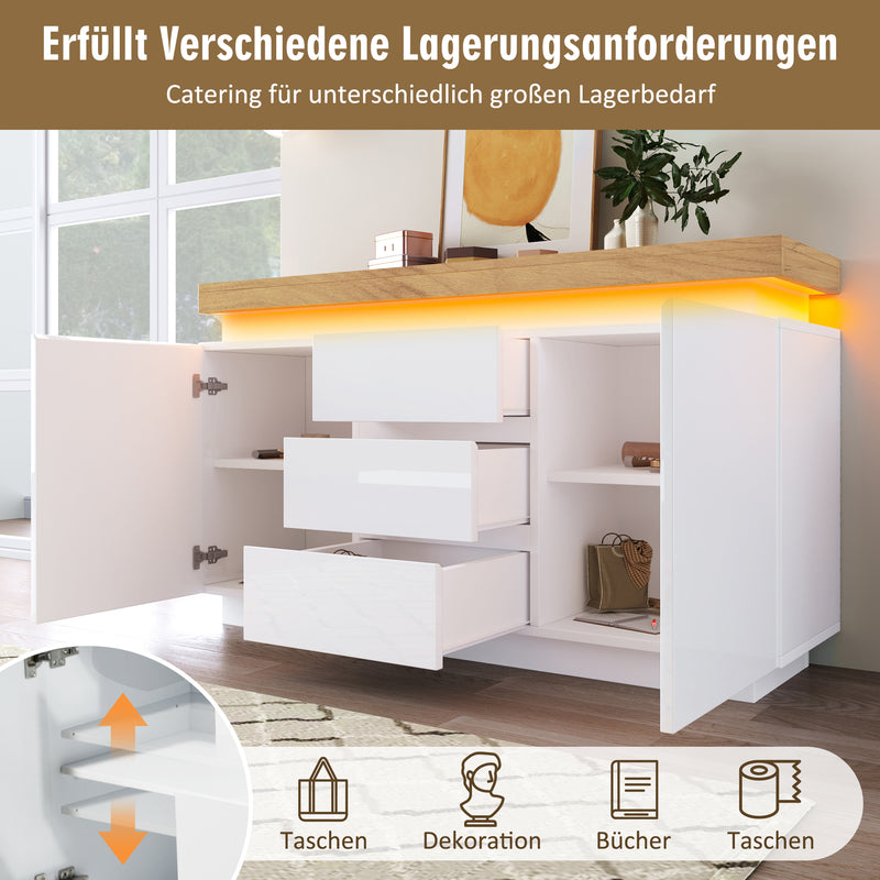 Buffet moderne blanc brillant avec éclairage LED réglable, 2 portes et 3 tiroirs COENOSTEUM