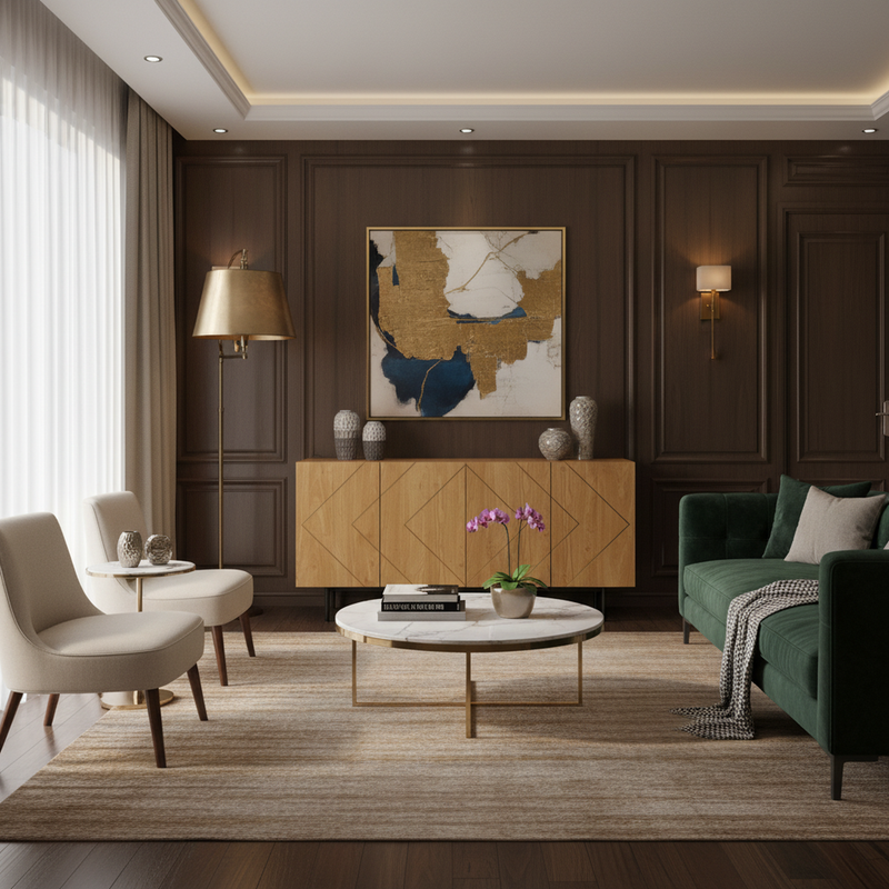 Buffet effet bois motif géométrique linges dorés 4 portes pieds noirs surélevés COLS