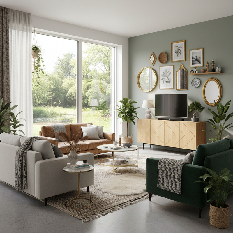 Buffet effet bois motif géométrique linges dorés 4 portes pieds noirs surélevés COLS