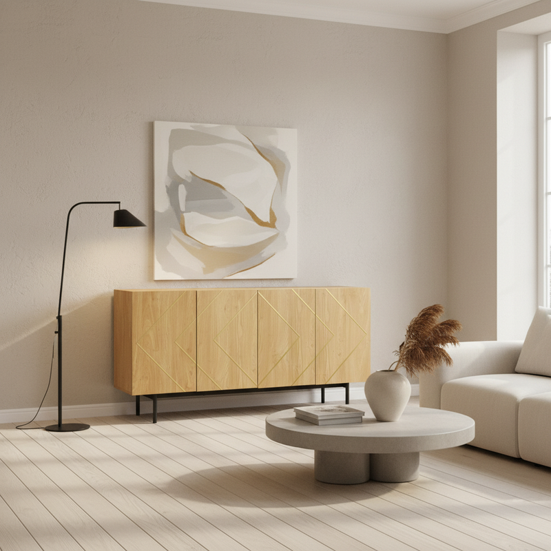 Buffet effet bois motif géométrique linges dorés 4 portes pieds noirs surélevés COLS