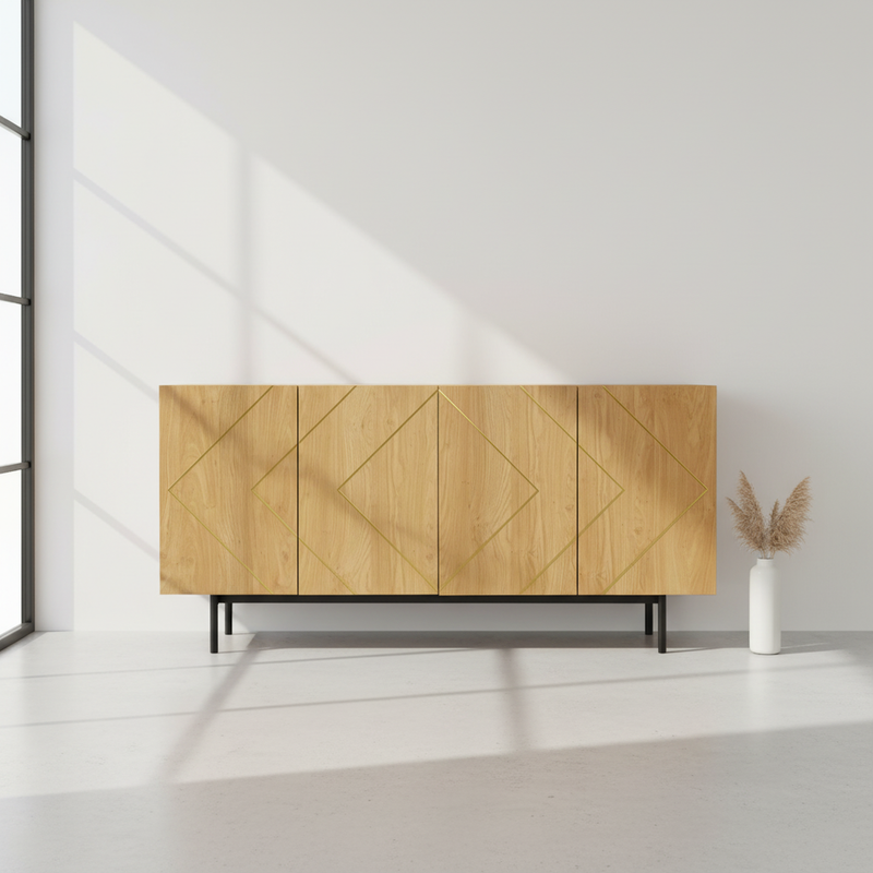 Buffet effet bois motif géométrique linges dorés 4 portes pieds noirs surélevés COLS