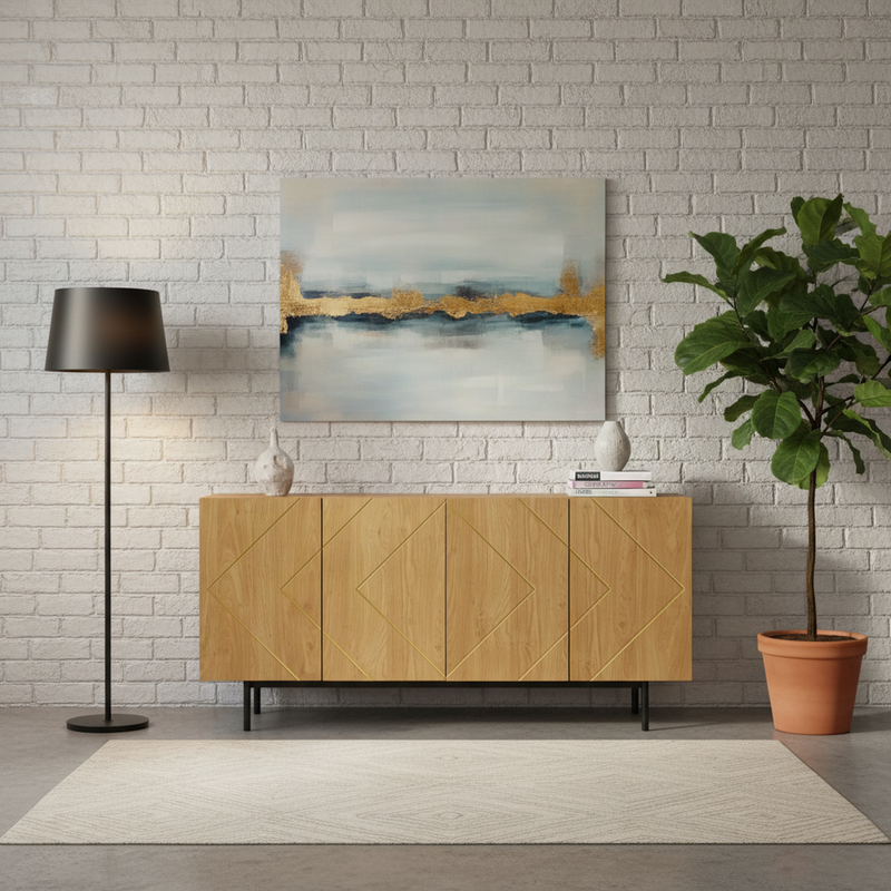 Buffet effet bois motif géométrique linges dorés 4 portes pieds noirs surélevés COLS