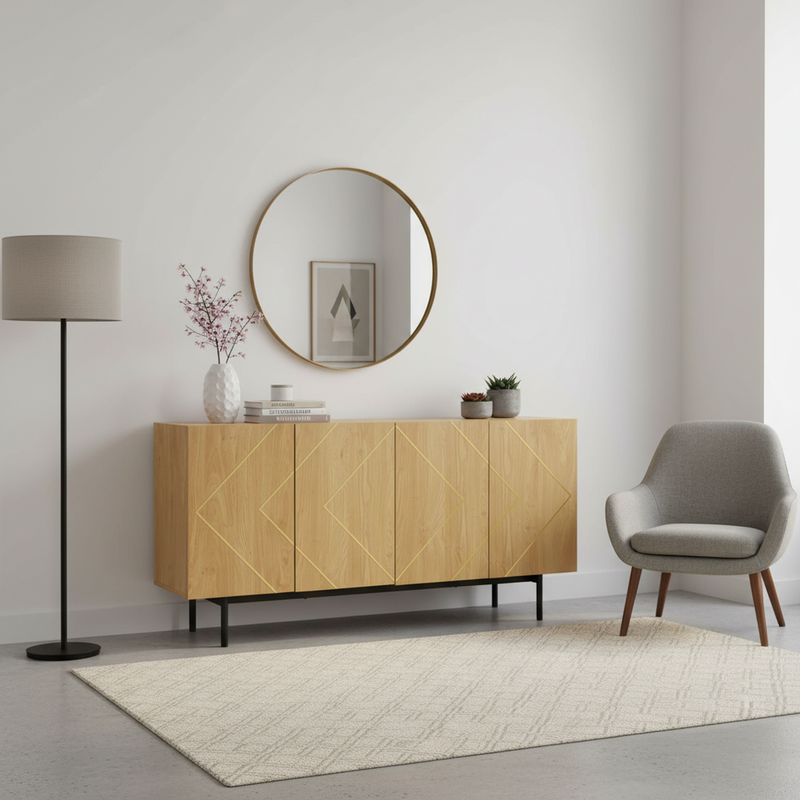 Buffet effet bois motif géométrique linges dorés 4 portes pieds noirs surélevés COLS
