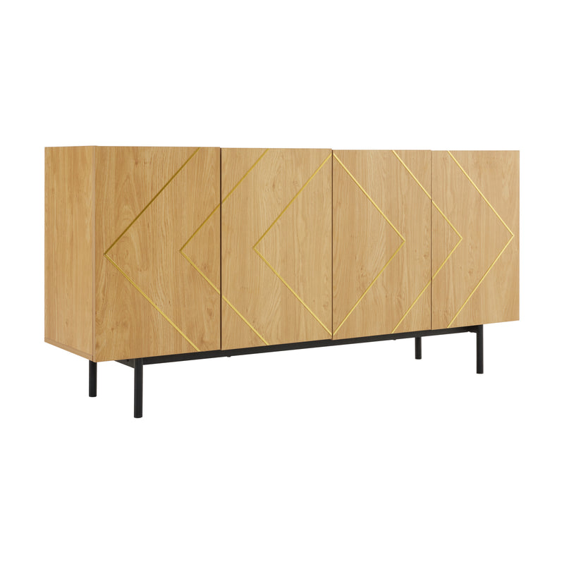 Buffet effet bois motif géométrique linges dorés 4 portes pieds noirs surélevés COLS