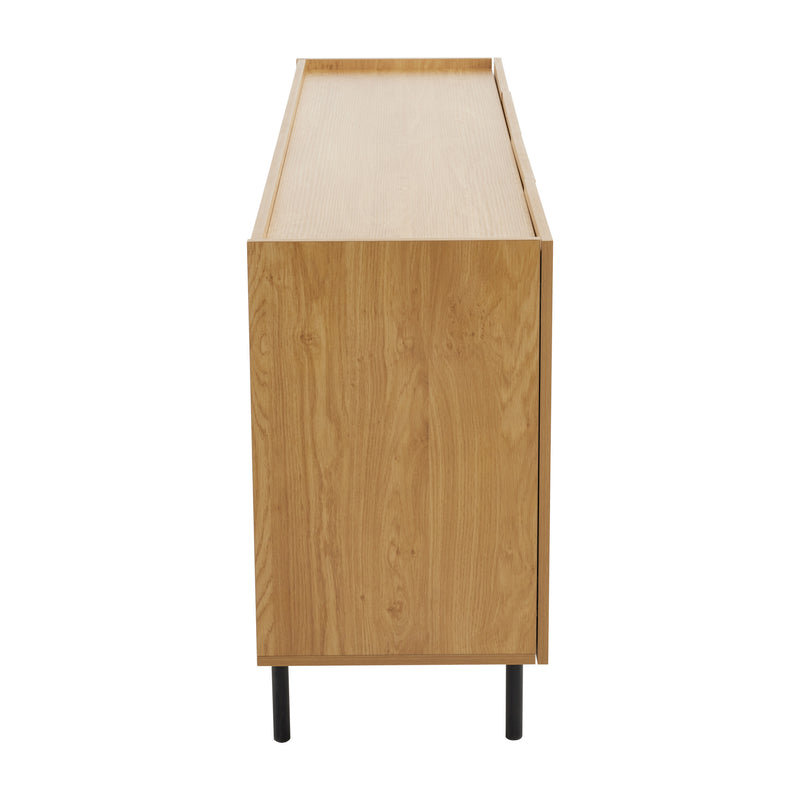 Buffet effet bois motif géométrique linges dorés 4 portes pieds noirs surélevés COLS