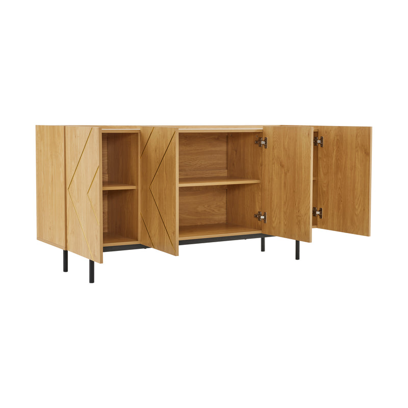 Buffet effet bois motif géométrique linges dorés 4 portes pieds noirs surélevés COLS