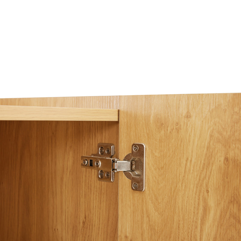 Buffet effet bois motif géométrique linges dorés 4 portes pieds noirs surélevés COLS