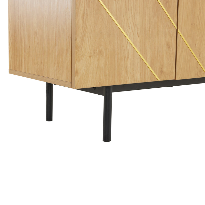 Buffet effet bois motif géométrique linges dorés 4 portes pieds noirs surélevés COLS