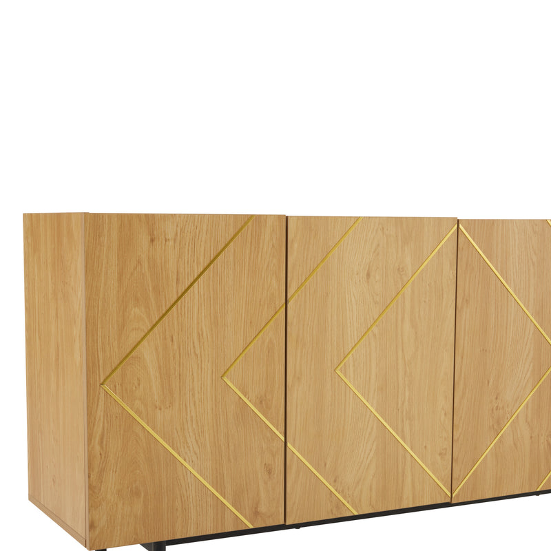 Buffet effet bois motif géométrique linges dorés 4 portes pieds noirs surélevés COLS