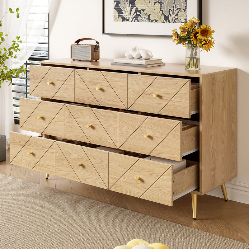 Buffet effet bois&nbsp;motif géométrique et 9 tiroirs accent doré COPAL