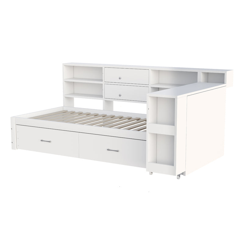 Lit banquette simple blanc avec étagère, bureau rétractable et ports USB/prise (matelas non inclus) COPALDROP