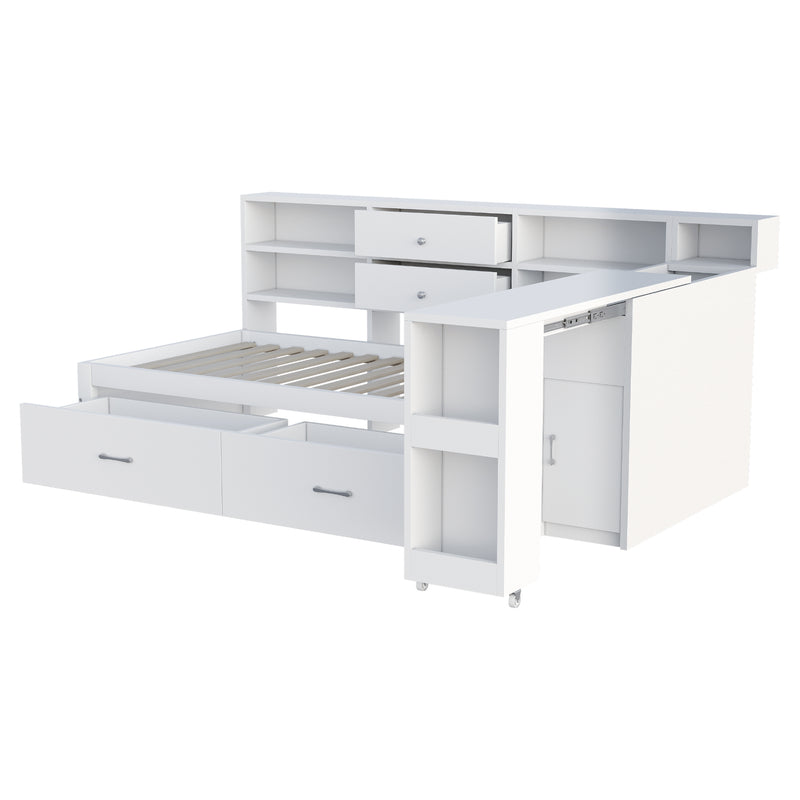 Lit banquette simple blanc avec étagère, bureau rétractable et ports USB/prise (matelas non inclus) COPALDROP