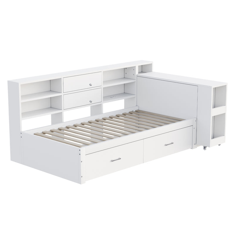 Lit banquette simple blanc avec étagère, bureau rétractable et ports USB/prise (matelas non inclus) COPALDROP