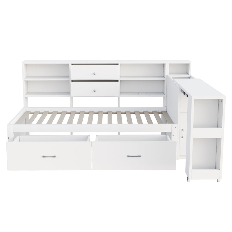 Lit banquette simple blanc avec étagère, bureau rétractable et ports USB/prise (matelas non inclus) COPALDROP