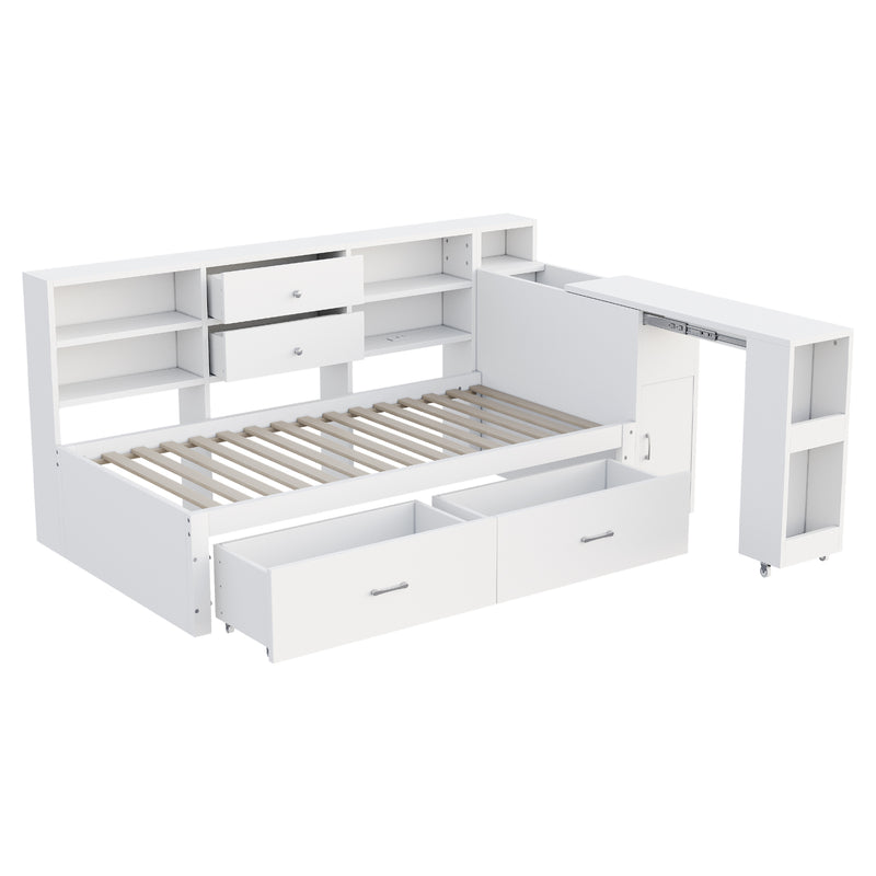 Lit banquette simple blanc avec étagère, bureau rétractable et ports USB/prise (matelas non inclus) COPALDROP