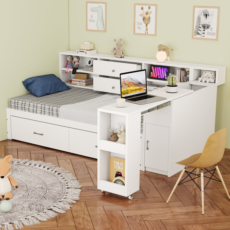 Lit banquette simple blanc avec étagère, bureau rétractable et ports USB/prise (matelas non inclus) COPALDROP