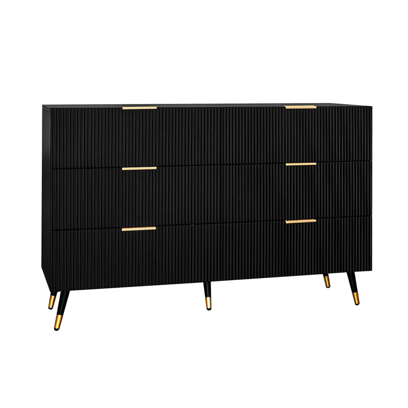 Buffet élégant noir design moderne, 6 tiroirs poignets et point de pieds dorés 120*40*77cm COQREOD BLACK