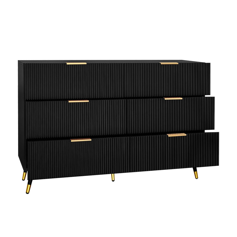 Buffet élégant noir design moderne, 6 tiroirs poignets et point de pieds dorés 120*40*77cm COQREOD BLACK