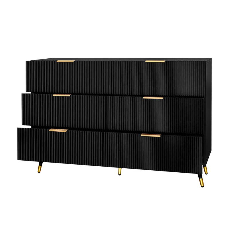 Buffet élégant noir design moderne, 6 tiroirs poignets et point de pieds dorés 120*40*77cm COQREOD BLACK